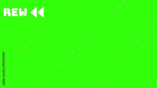 REW text and a double arrow rewind symbol isolated on a green screen. playback controls or retro VCR interface element suitable for chroma key