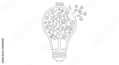 Creative Business Idea Generating Money Concept, Labeled "IDEA" Money Tree in Light Bulb in Outline Style on Isolated White Background