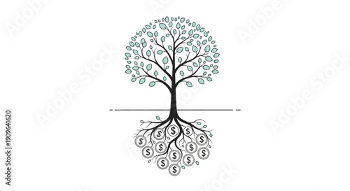 Money tree with roots shaped as dollar signs and green leaves, symbolizing deep financial foundation and hidden assets, isolated white background.