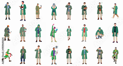 Set of vector illustrations depicting professional male experts, scientists, and engineers engaged in research, technology, and industrial work.
