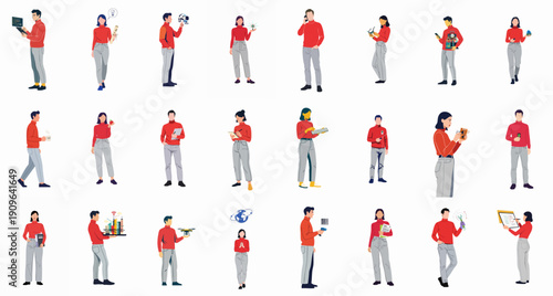 Modern professionals and innovators using diverse technology, coding, engineering, and business tools in a large flat design vector collection.