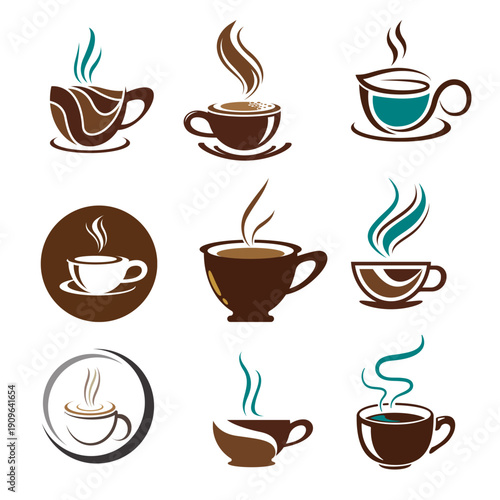 Coffee icons with cups, mugs, and coffee beans for café menus, branding, packaging, and designs.