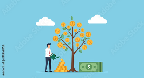 Businessman watering money tree, symbolizing financial growth and investment success on a bright blue background.