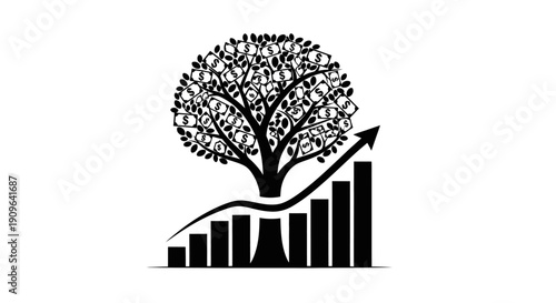 Money tree with dollar signs on leaves, growing on a rising bar graph with an upward trend arrow, symbolizing financial growth and successful investments, isolated white background.