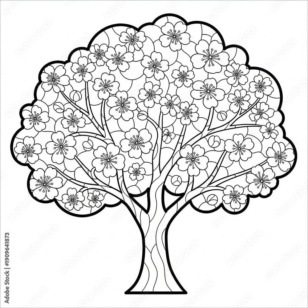 Fototapeta premium Flowering tree stained glass pattern mosaic ornamental decorative outline symmetrical shape full bloom spring nature art illustration