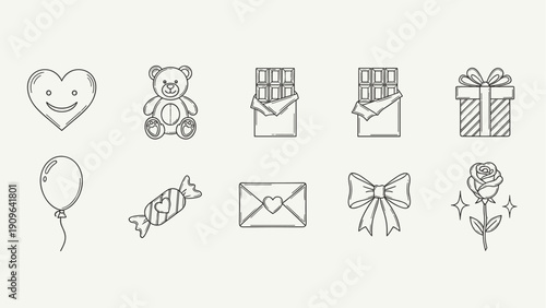 Valentine's gift and love icon set line art with teddy bear, chocolate bar, rose, bow and envelope