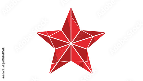 Geometric red star with a faceted crystal appearance is shown against a plain white background, creating a bold three dimensional effect.