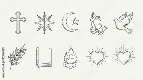 Collection of religious and spiritual symbols in a clean line art style