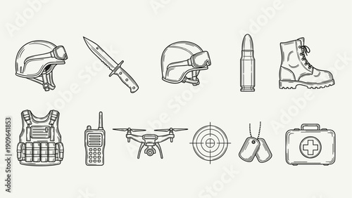 Collection of military and tactical equipment icons in a clean line art style