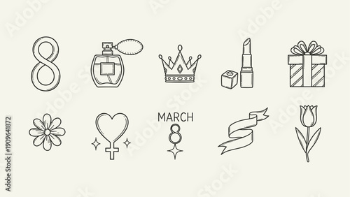International Women's Day icons: number 8, perfume, crown, lipstick, gift, flower, tulip