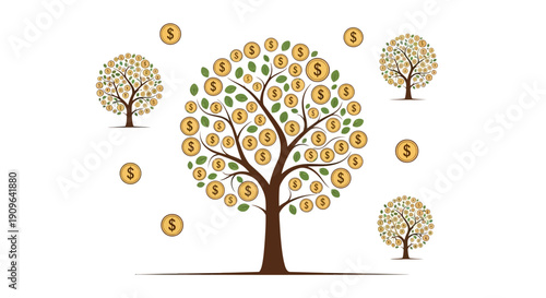 Money Tree Growing Gold Dollar Coins, Financial Success Concept on Isolated White Background