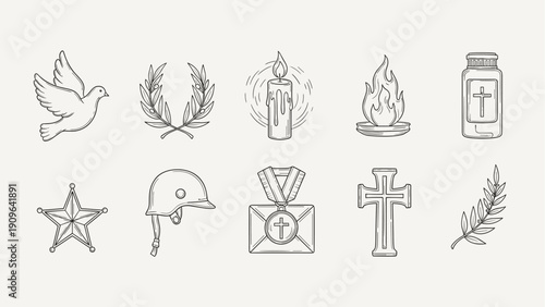 Collection of memorial and remembrance icons including a dove, laurel wreath, candle, and military symbols
