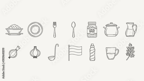 Collection of kitchen utensils and ingredients, line art icons for cooking and food preparation