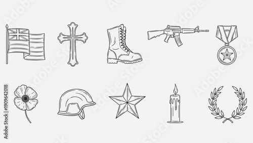Collection of military and remembrance symbols in a simple line art style