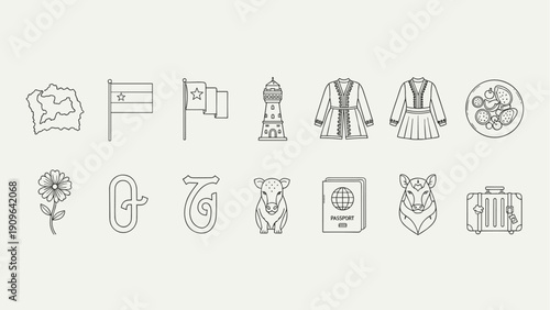 Collection of diverse line art icons representing travel, culture, and nature elements