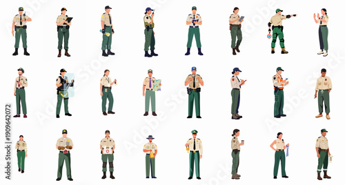 Collection of professional park rangers, conservation officers, and security personnel illustrations in various poses and actions, isolated on white background.