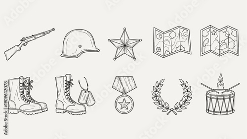 Collection of hand-drawn military icons representing war and peace symbols