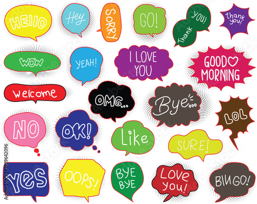 Vibrant colorful bubble speech bubbles with various expressions and words
