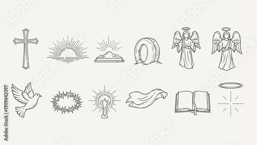 Collection of Christian religious symbols and icons in a minimalist line art style
