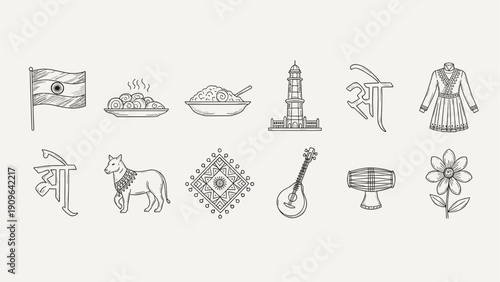 Collection of Indian cultural symbols and landmarks in a line art style