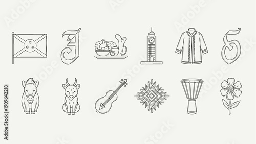 Collection of cultural icons and symbols in a clean line art style