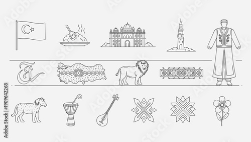 Collection of Turkish cultural symbols and landmarks in a clean line art style