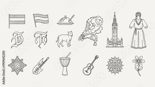 Hand-drawn Dutch icons and cultural line art set with Netherlands map, flags, instruments, patterns