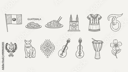 Guatemala cultural symbols and landmarks in a doodle art style