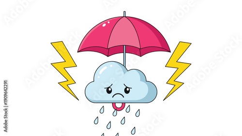 Sad blue rain cloud seeking shelter under a bright pink umbrella while surrounded by yellow lightning bolts on a plain white background.