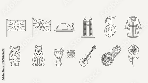 Collection of Macedonian cultural symbols and landmarks in a clean line art style