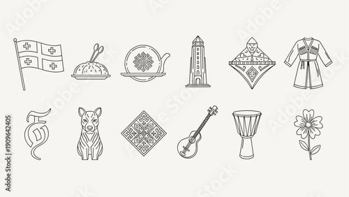 Collection of Georgian cultural symbols and landmarks in a minimalist line art style