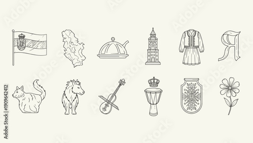 Collection of Serbian cultural symbols and landmarks in a simple line art style