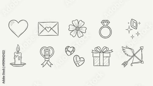 Collection of hand-drawn romantic icons for Valentine's Day and wedding celebrations
