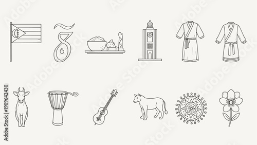 Collection of cultural icons representing diverse elements of a nation's heritage
