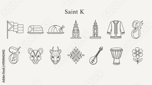 Collection of Saint K cultural symbols and landmarks in a clean line art style