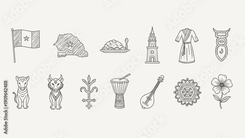Collection of hand-drawn icons representing Senegalese culture and symbols