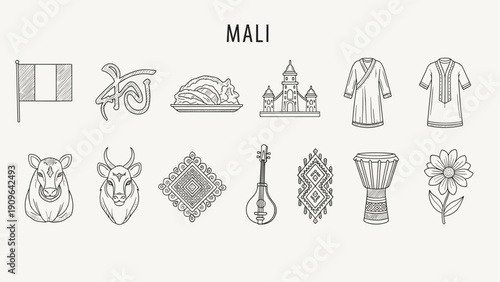 Mali country symbols and cultural icons collection in a simple line art style
