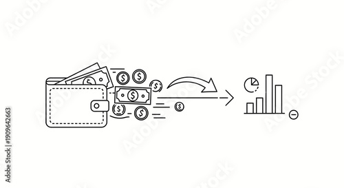 A minimalist line drawing of money flowing from a wallet into a graph