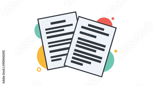 Two documents with text lines are displayed over a background of colorful overlapping circles in green, orange, red, and blue.