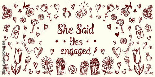 Engagement Theme doodle illustration set, hand drawn decoration icon, festive cake dessert. Vector whimsical engagement rings, hearts, flowers, champagne glasses, ribbons, and sparkles.