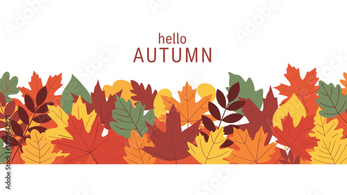 Seamless border pattern for autumn features a dense layer of colorful fallen leaves in red, orange, yellow, and green below the text.