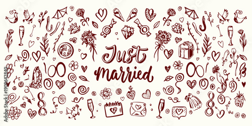 Marriage Theme doodle illustration set, hand drawn decoration icon. Vector rings, bridal bouquets, wedding cakes, champagne glasses, doves, hearts, floral garlands, ribbons.