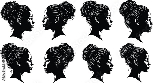 Black silhouette women profiles with messy bun hairstyles vector set