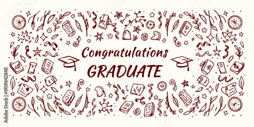 Graduation Theme doodle illustration set, hand drawn decoration icon. Vector graduation caps, diplomas, stars, laurel wreaths, books, ribbons, and confetti.