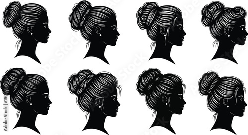 Elegant female profiles with styled hair buns vector illustration