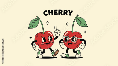 Two fun cartoon cherries with faces and limbs are walking together in a retro vintage style against a light cream background.