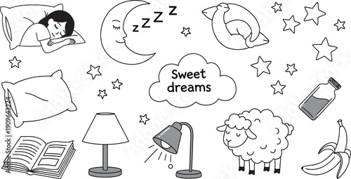Black and white illustration of various sleep related objects and phrases isolated on transparent background