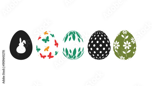 Row of five decorative Easter eggs features various patterns like a bunny silhouette, butterflies, leaves, polka dots, and white flowers.