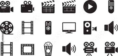Collection of film and video production icons isolated on transparent background