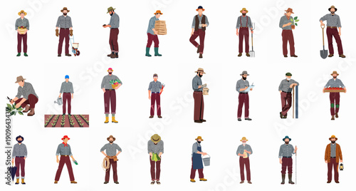 A diverse collection of male farmers, gardeners, and agriculture workers performing various tasks like planting, harvesting, watering, and carrying tools, set on a white background.